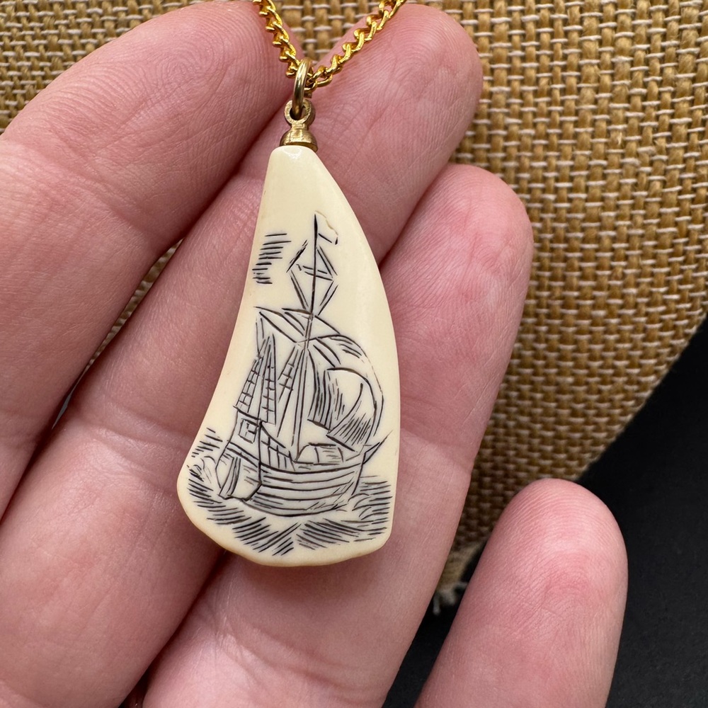 Scrimshaw carved Pendant with Ship Engraving